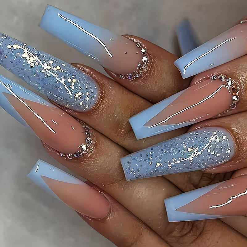 Blue Glam V-French Rhinestone Press-On Nails