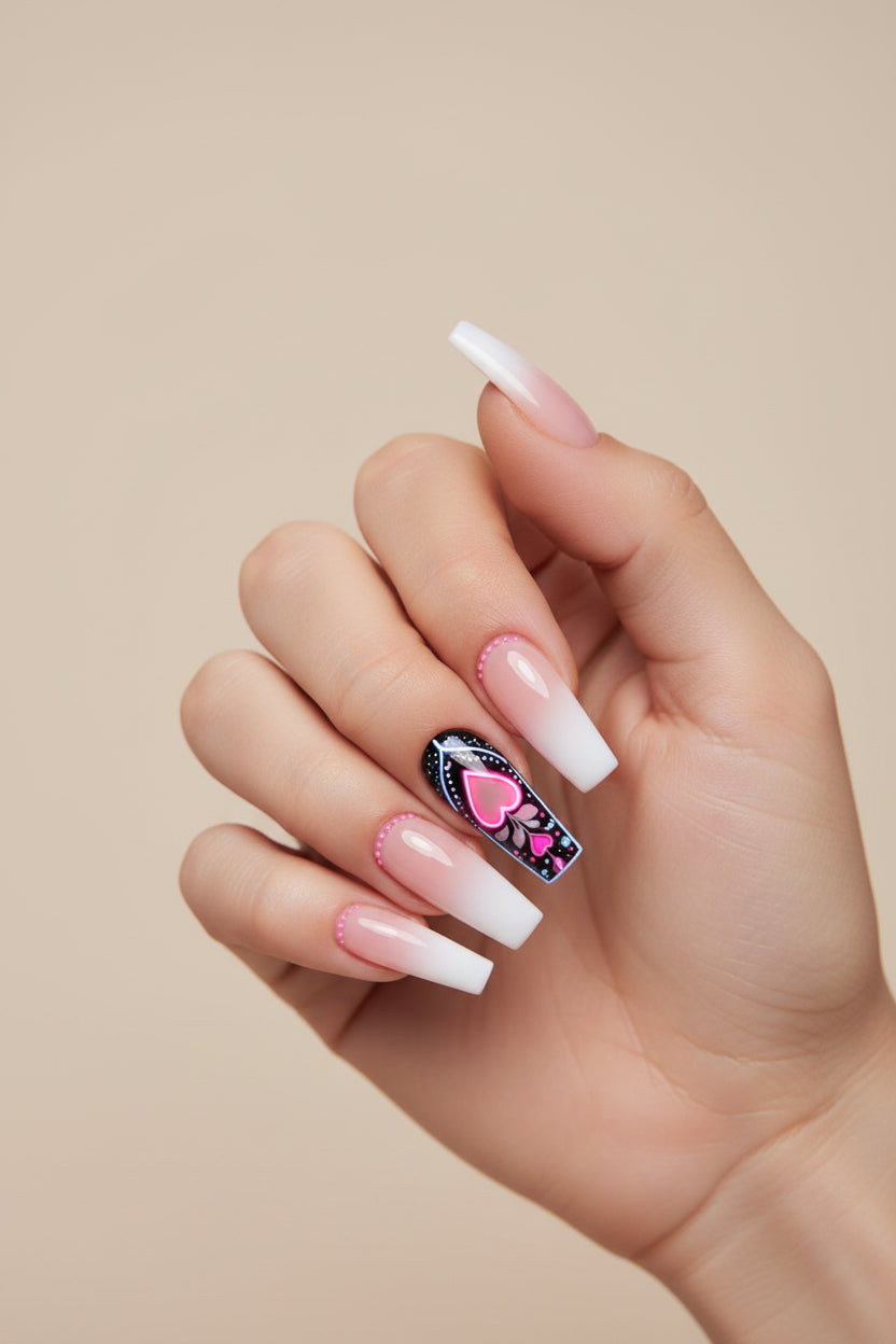 Black Floral Heart Press-On Nail Set