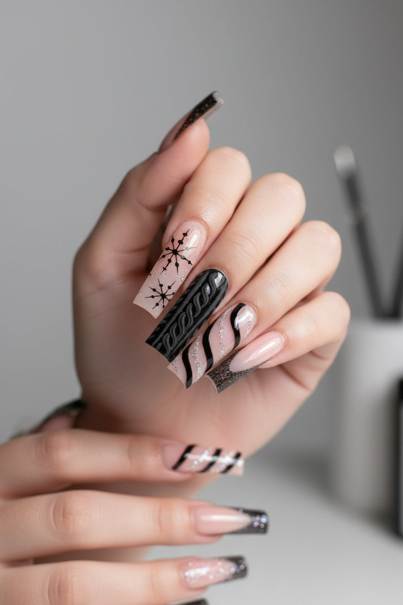 Black Glam Coffin Press-On Nails