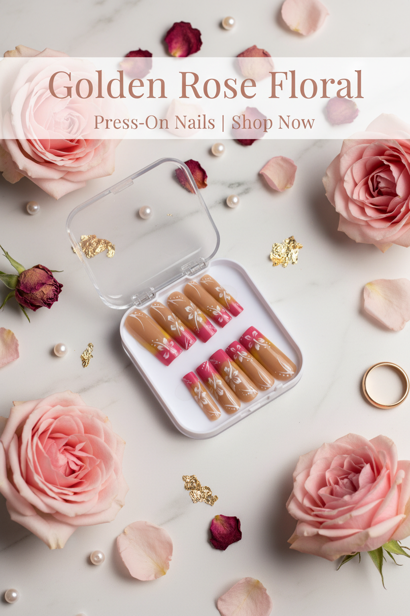 Golden Rose Floral Press-On Nail Set