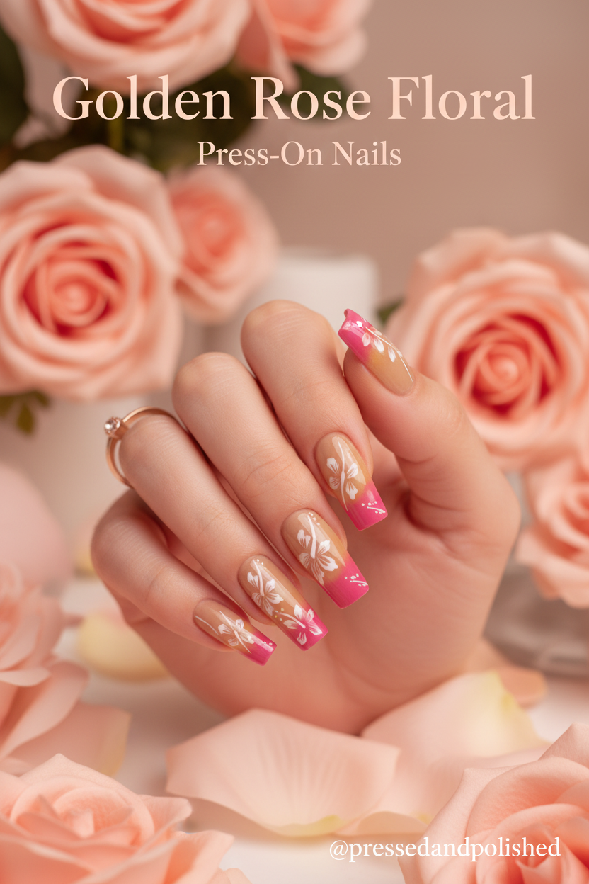 Golden Rose Floral Press-On Nail Set