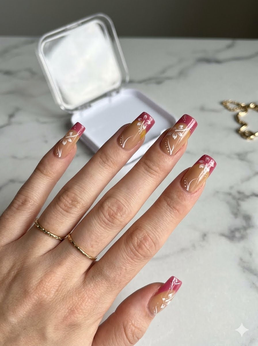 Golden Rose Floral Press-On Nail Set