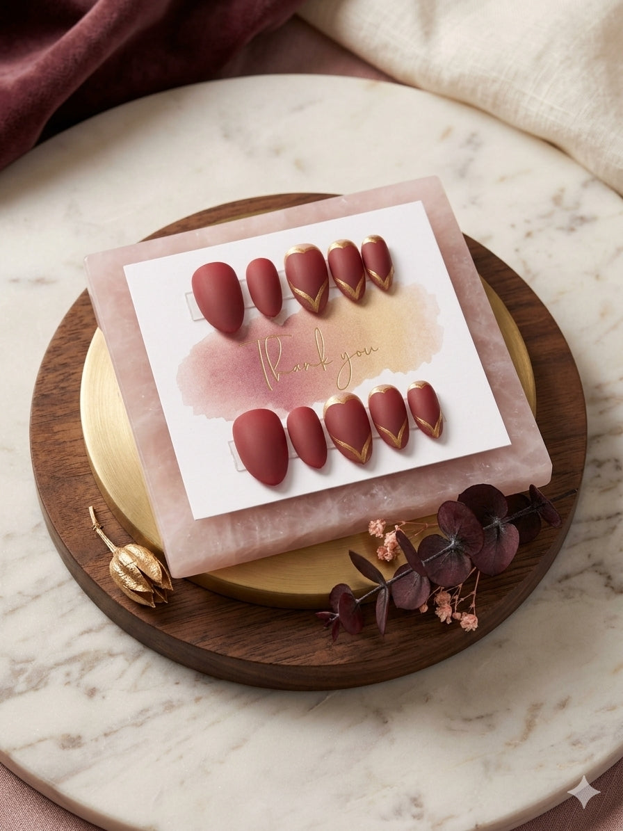 Golden Merlot press-on nail set displayed in an open blush keepsake case