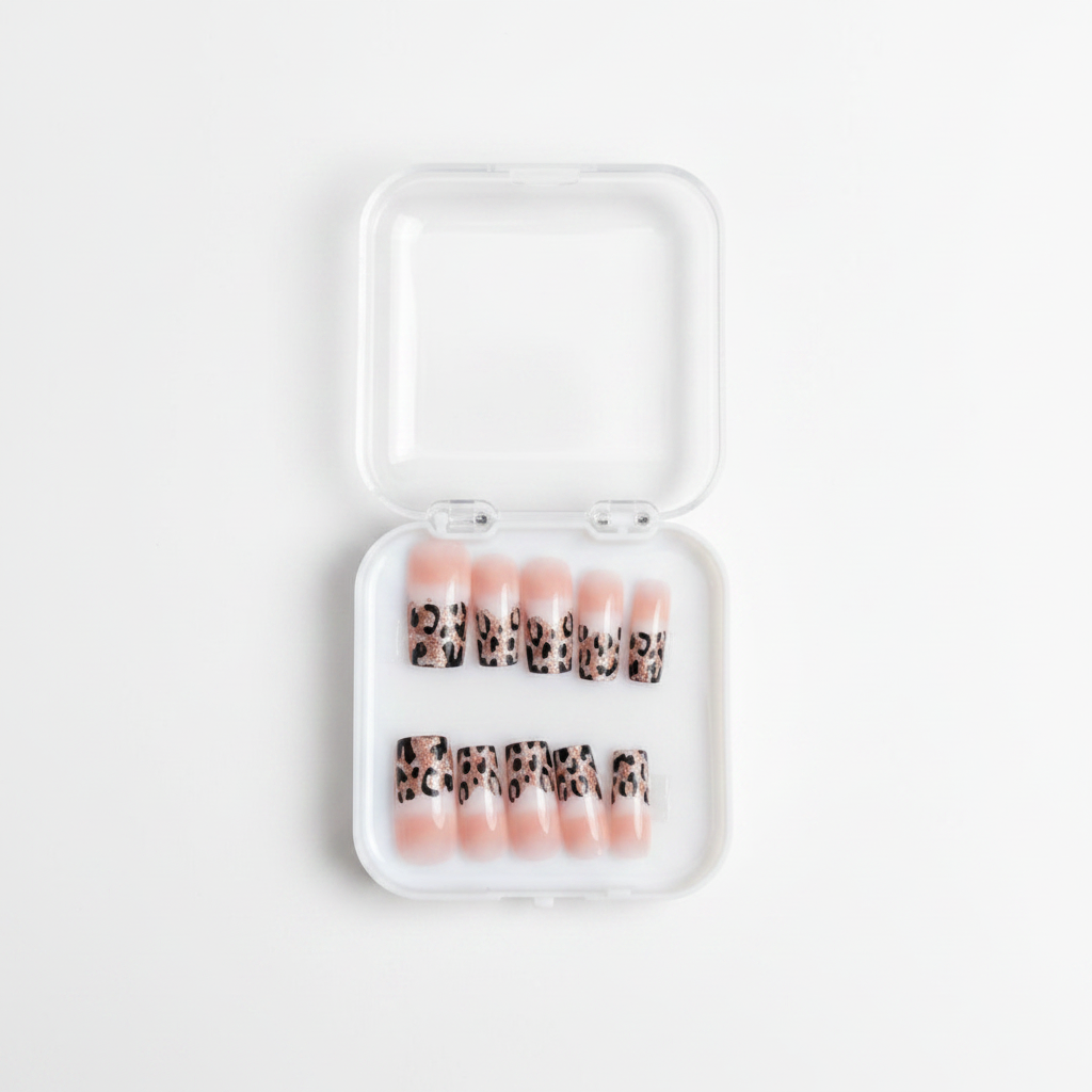Leopard Print Press-On Nail Set in clear acrylic case