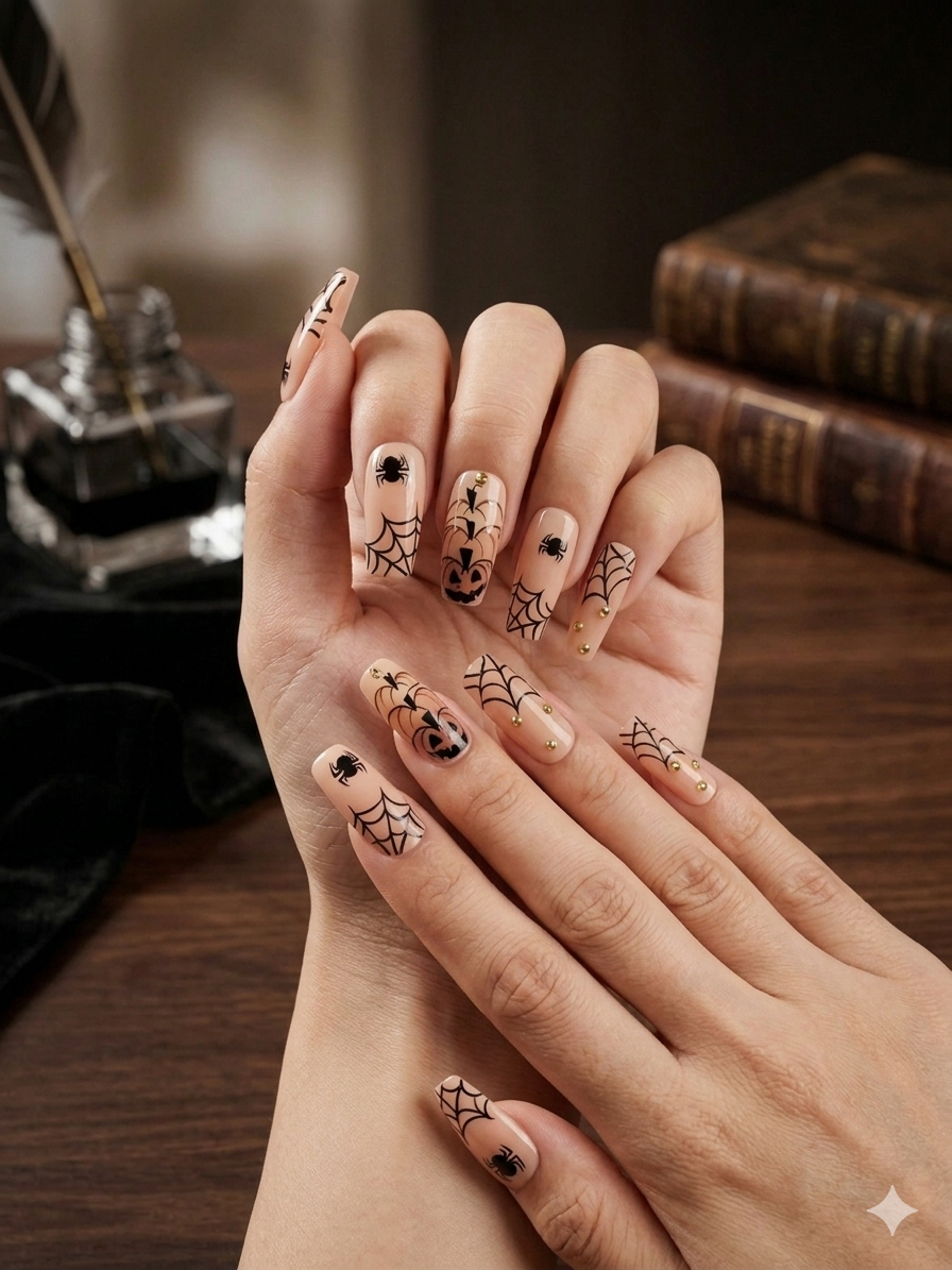 Web of Elegance Halloween Press-On Nails – Short