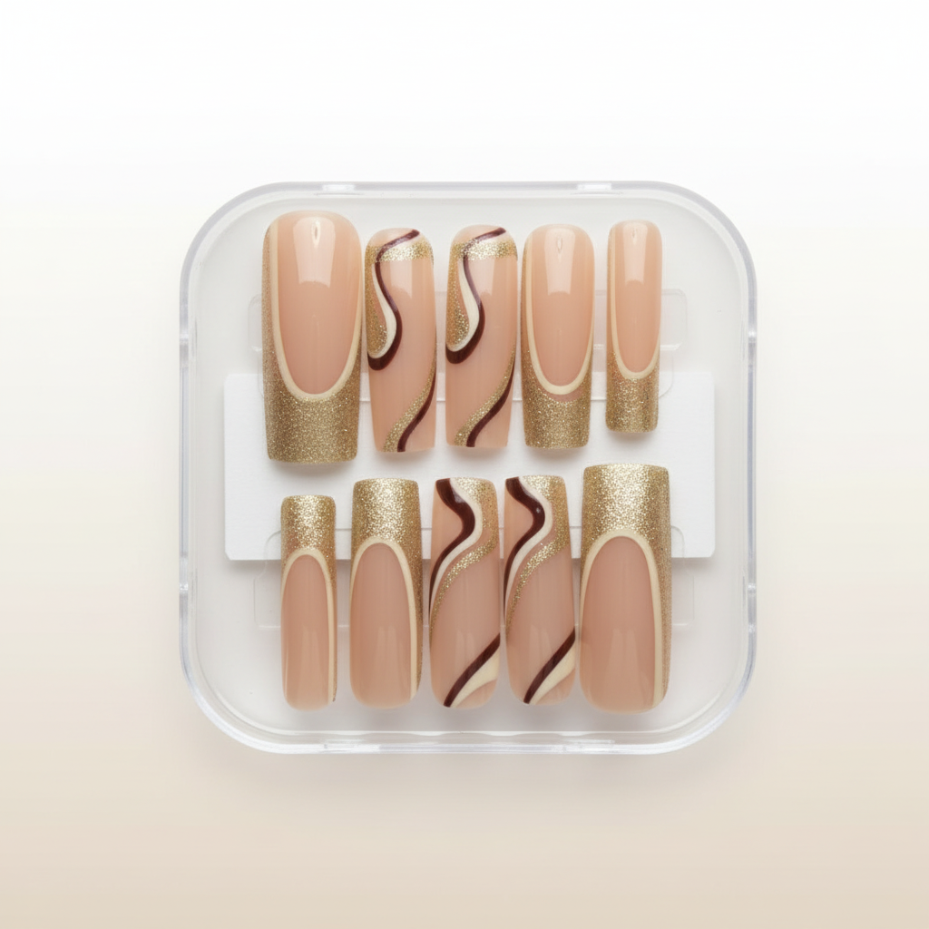 Gold Tip Chocolate Swirl Press-On Nail Set