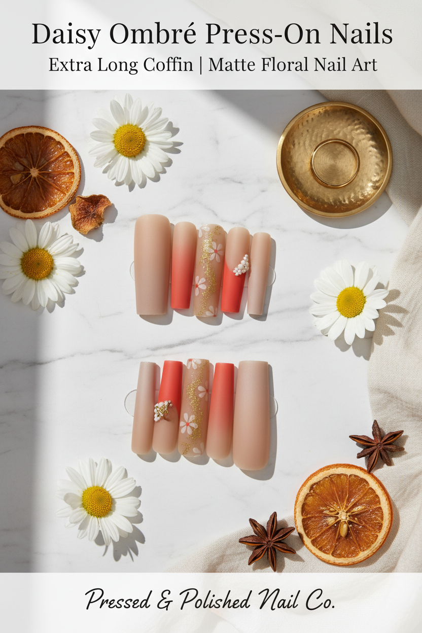 Daisy Ombré Press-On Nails flat lay Pinterest image