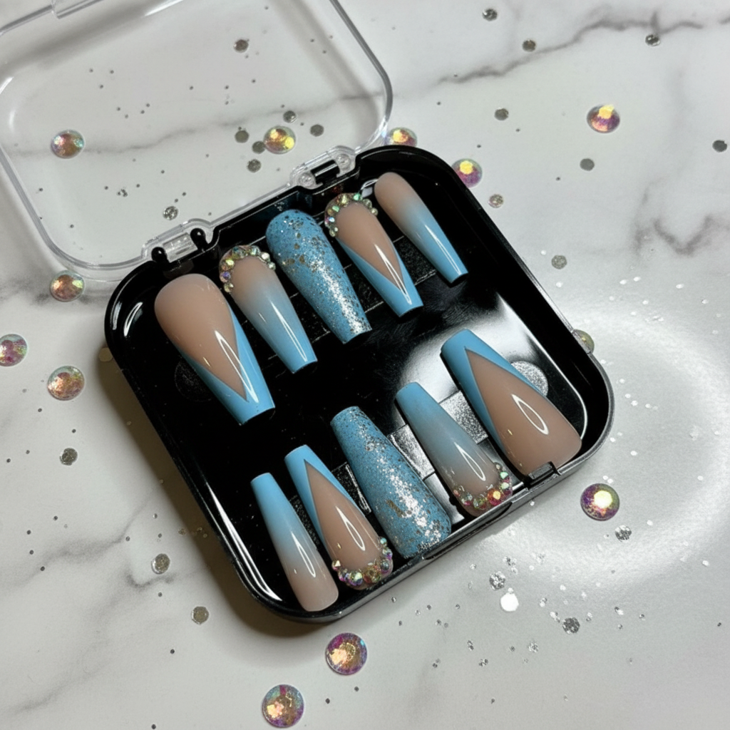 Blue Glam V-French Rhinestone Press-On Nails